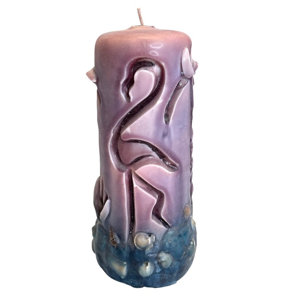 Vintage Hand Carved Pillar Candle Pink Flamingo Blue Ocean Beach Coastal Purple